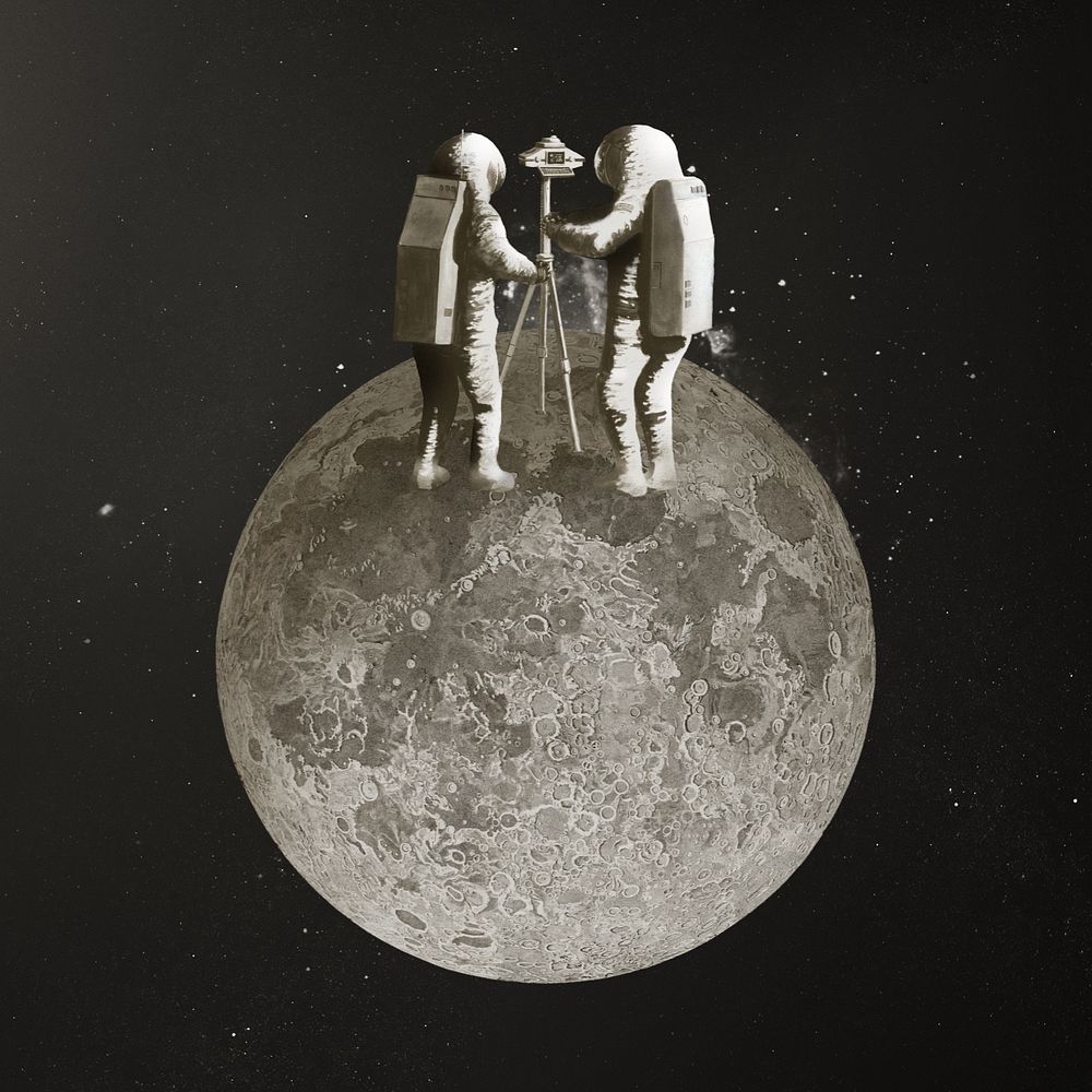 Astronauts taking photo, moon galaxy editable remix