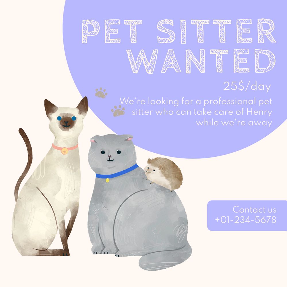 Pet sitter wanted Instagram post template, editable text