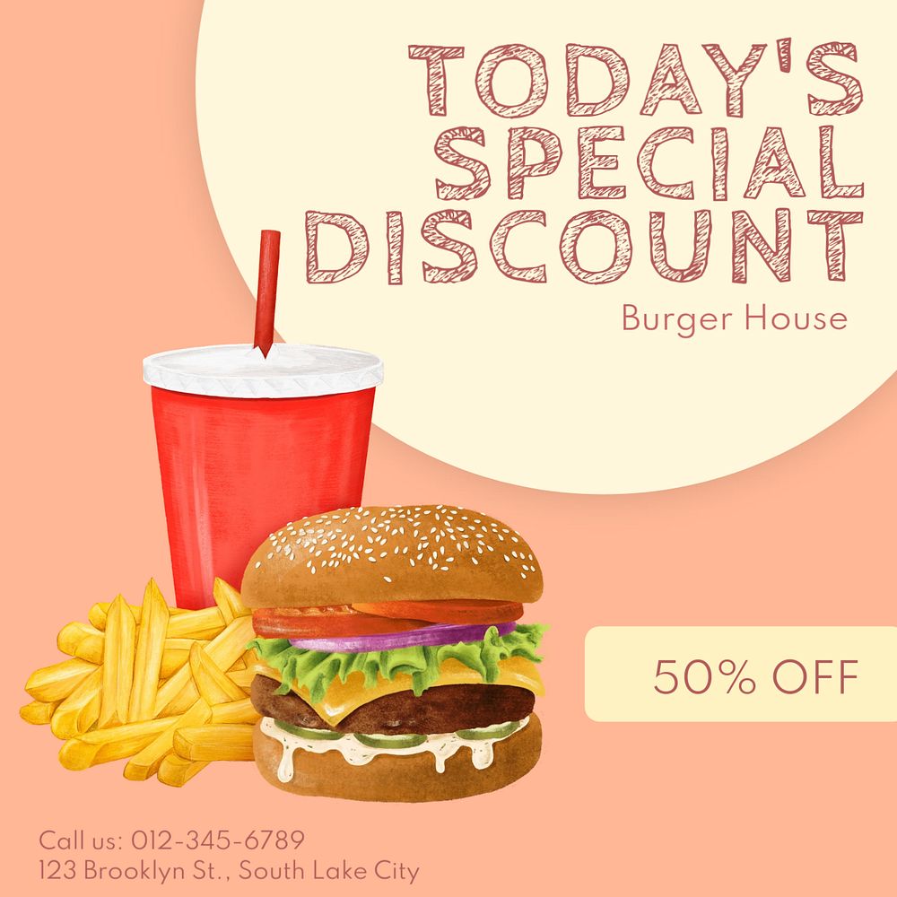 Burger discount Instagram post template, editable text