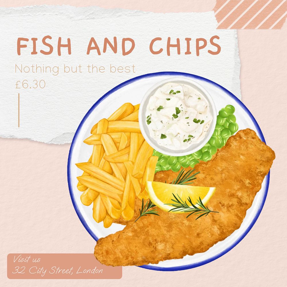 Fish and chips Instagram post template, editable text