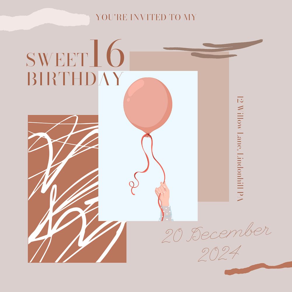 Sweet sixteen birthday Instagram post template, editable text