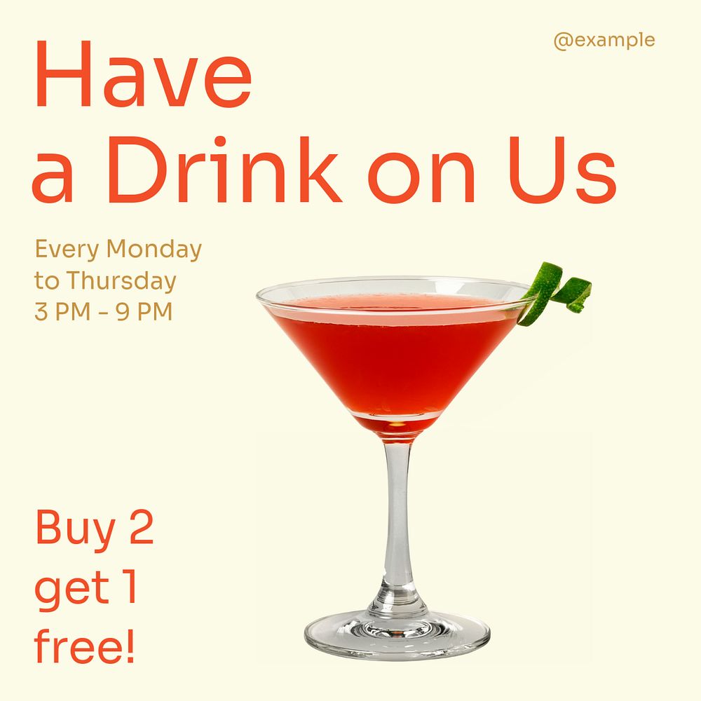 Have a drink on us Instagram post template, editable text