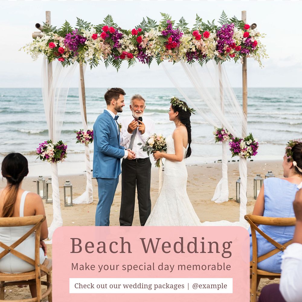 Beach wedding Instagram post template, editable text