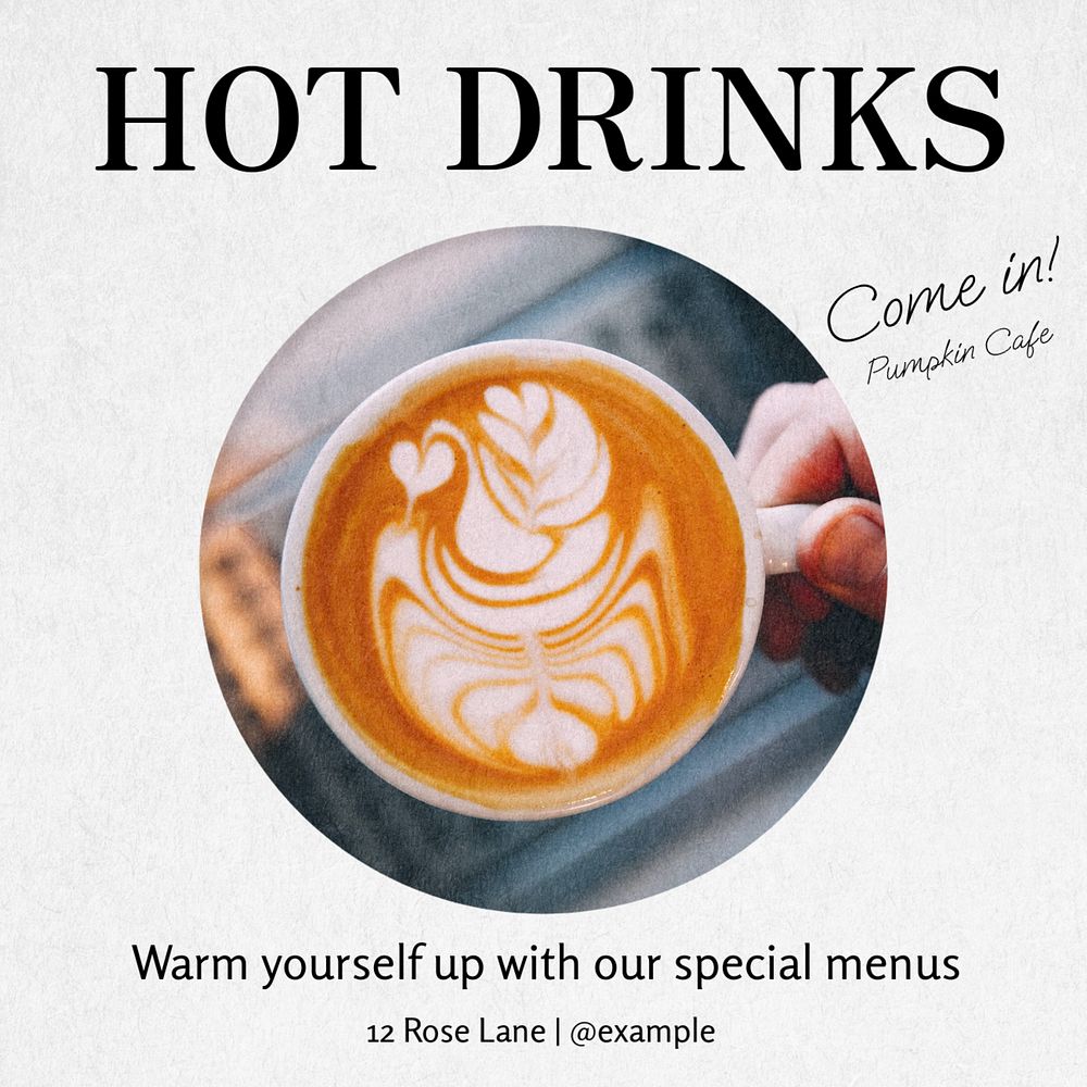 Hot drinks cafe Instagram post template, editable text