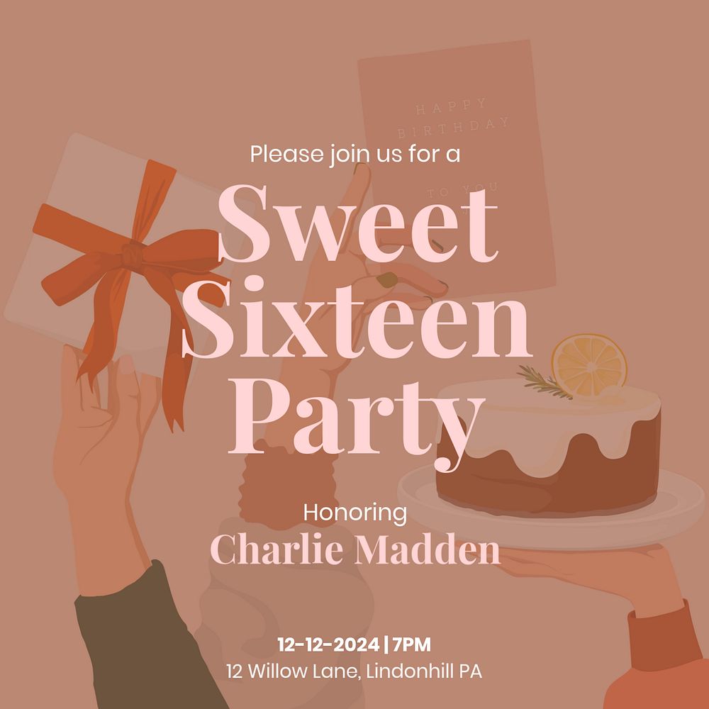 Sixteen birthday party Instagram post template, editable text