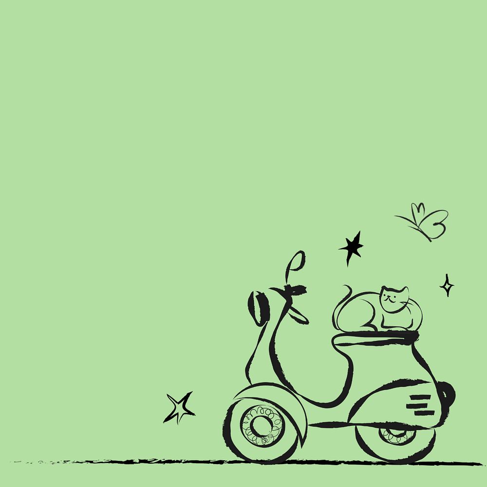 Editable cute cat on motorcycle, green background illustration