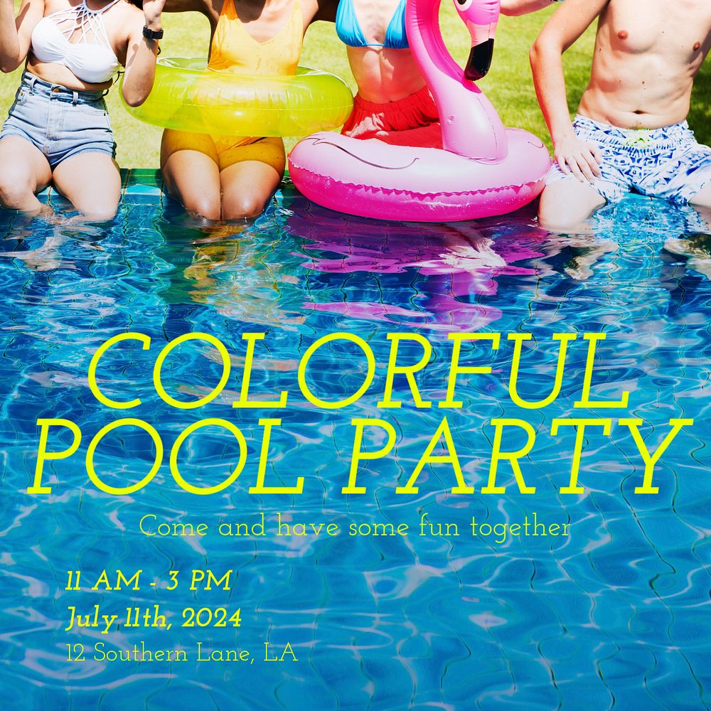 Pool party invitation Instagram post template, editable text