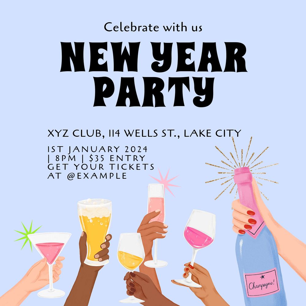 New Year party Instagram post template, editable text