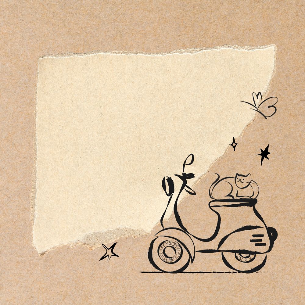 Cute cat on motorcycle, editable brown ripped paper design