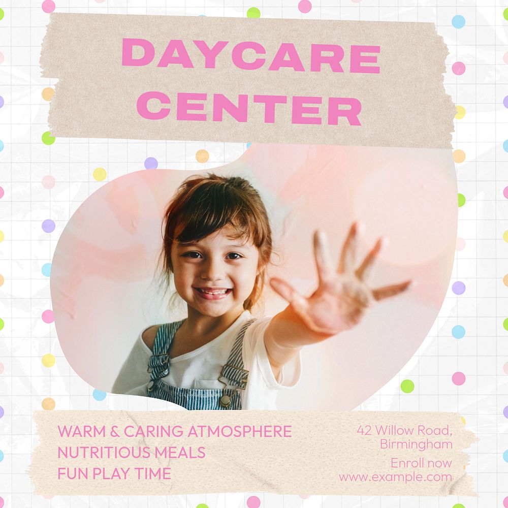 Rainbow butterfly daycare Instagram post template, editable text