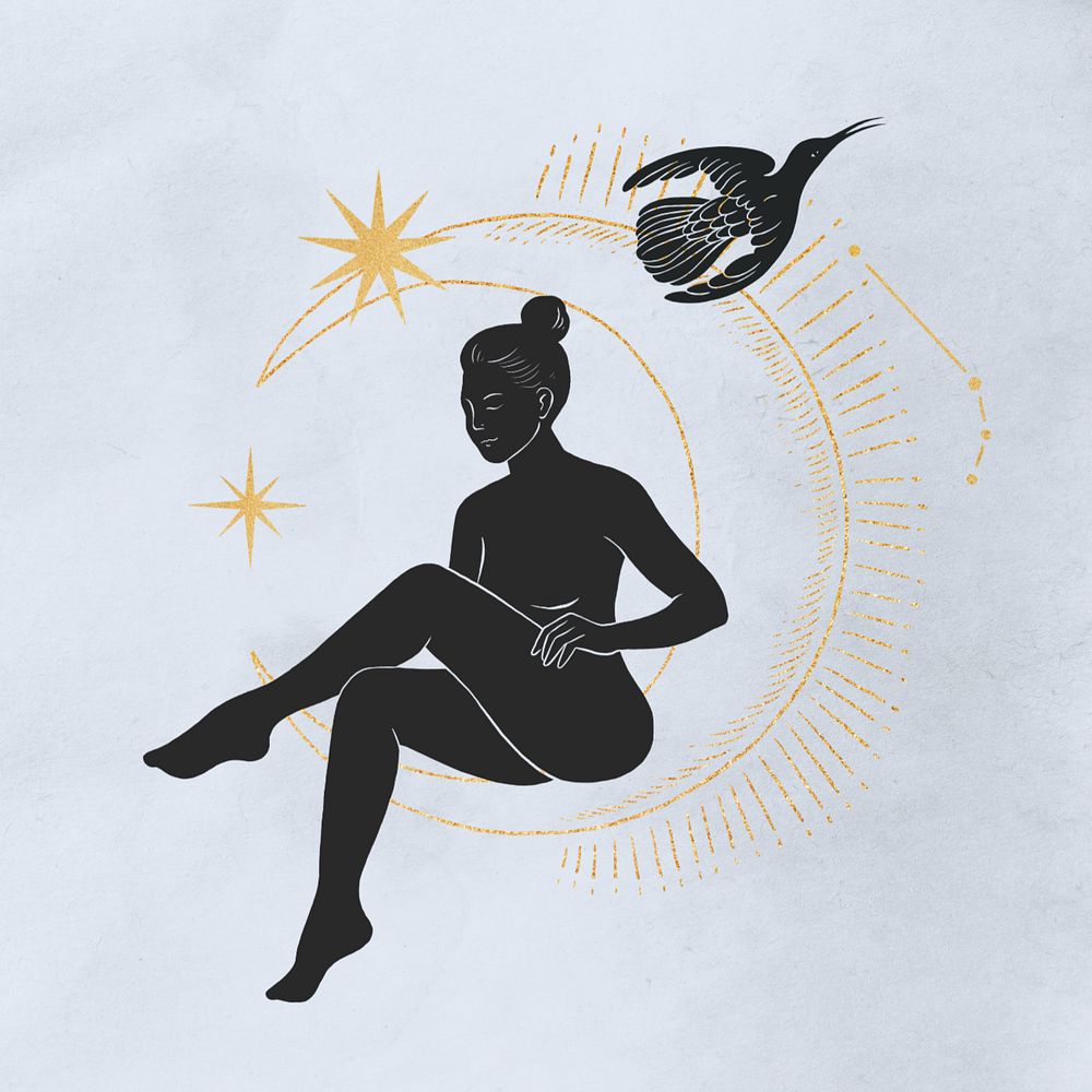 Woman sitting on the moon, spiritual elements remix, editable design