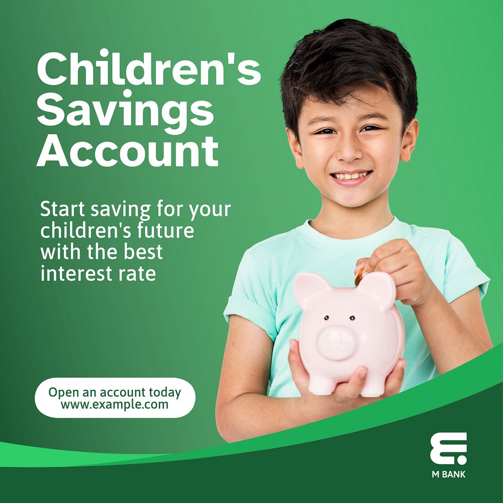 Kid's savings account Instagram post template, editable text