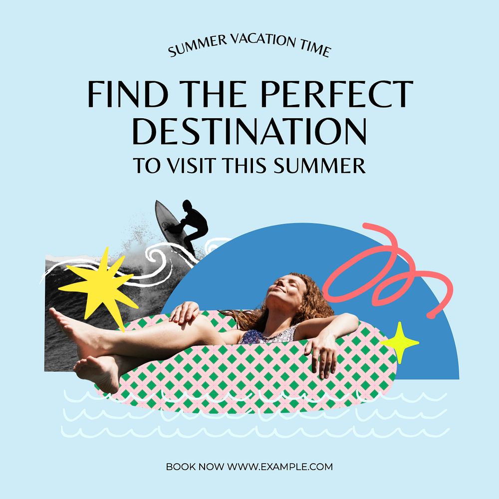 Summer vacation time Instagram post template, editable text