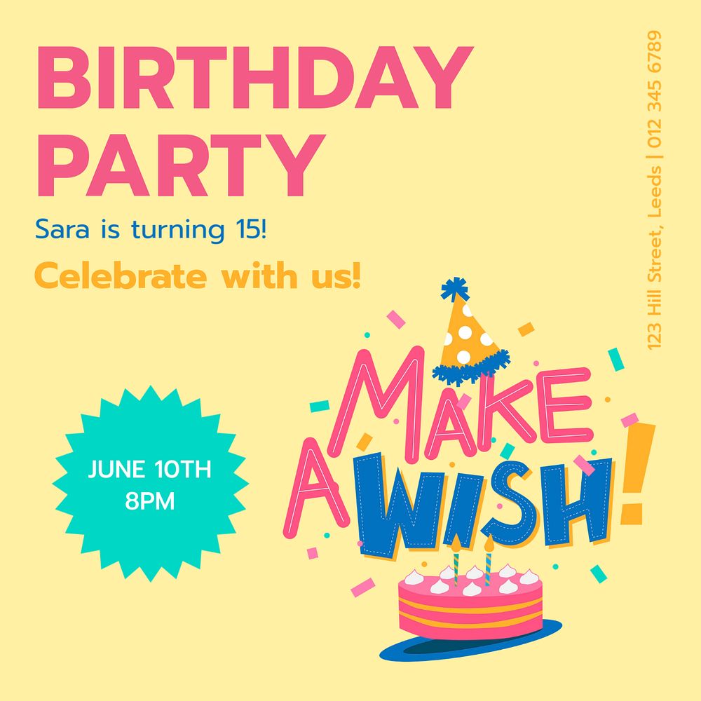 Birthday party Instagram post template, editable text