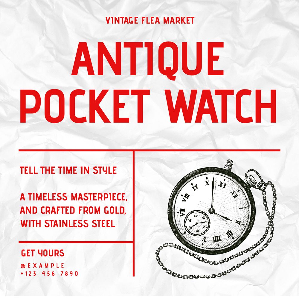 Antique pocket watches Instagram post template, editable text