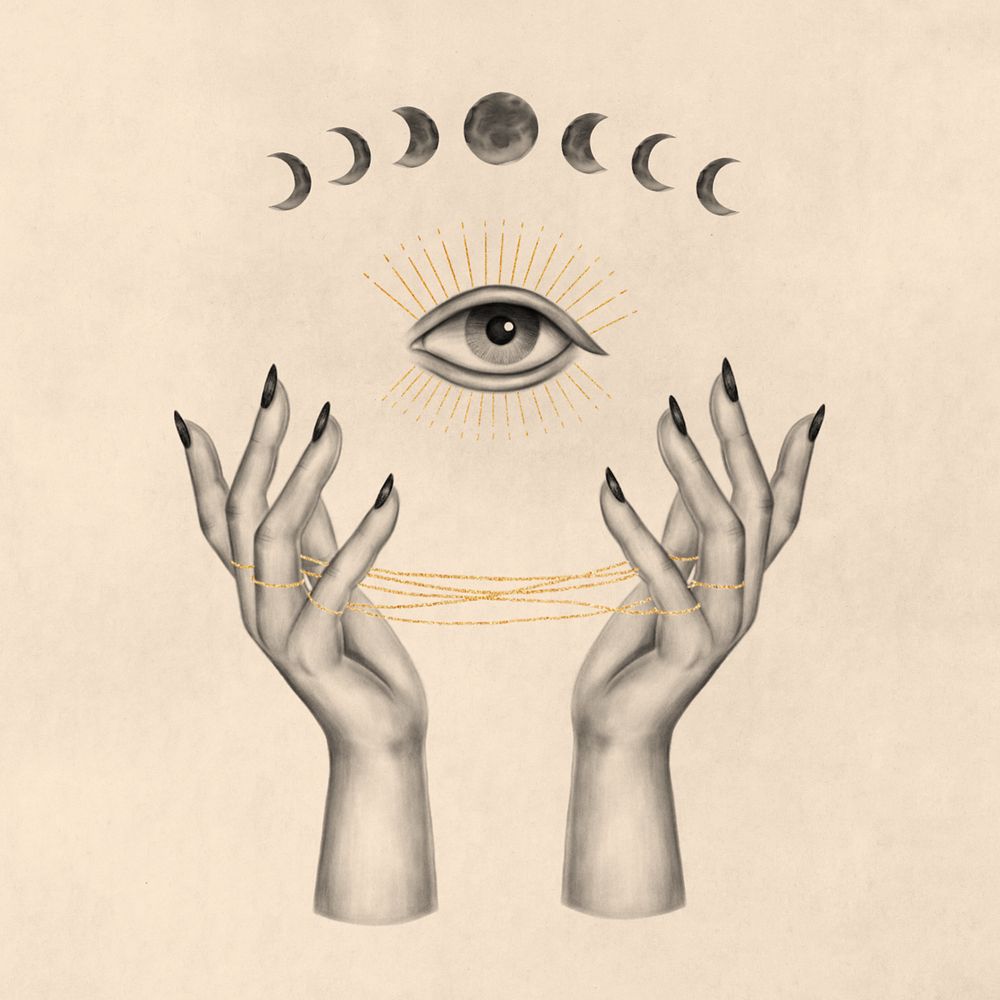 Hands and third eye, spiritual elements remix, editable design