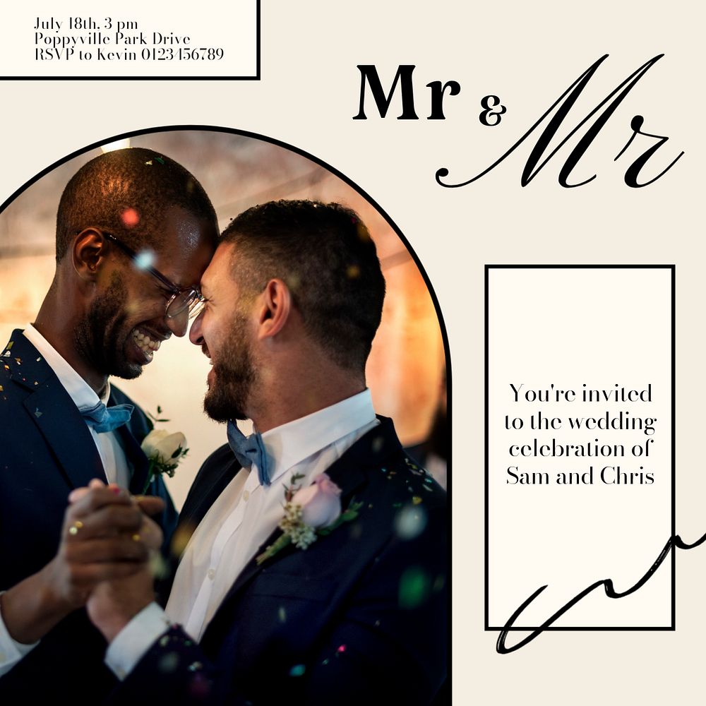 Gay wedding Instagram post template, editable text