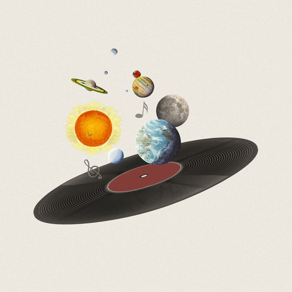 Floating planets on vinyl record, space editable remix