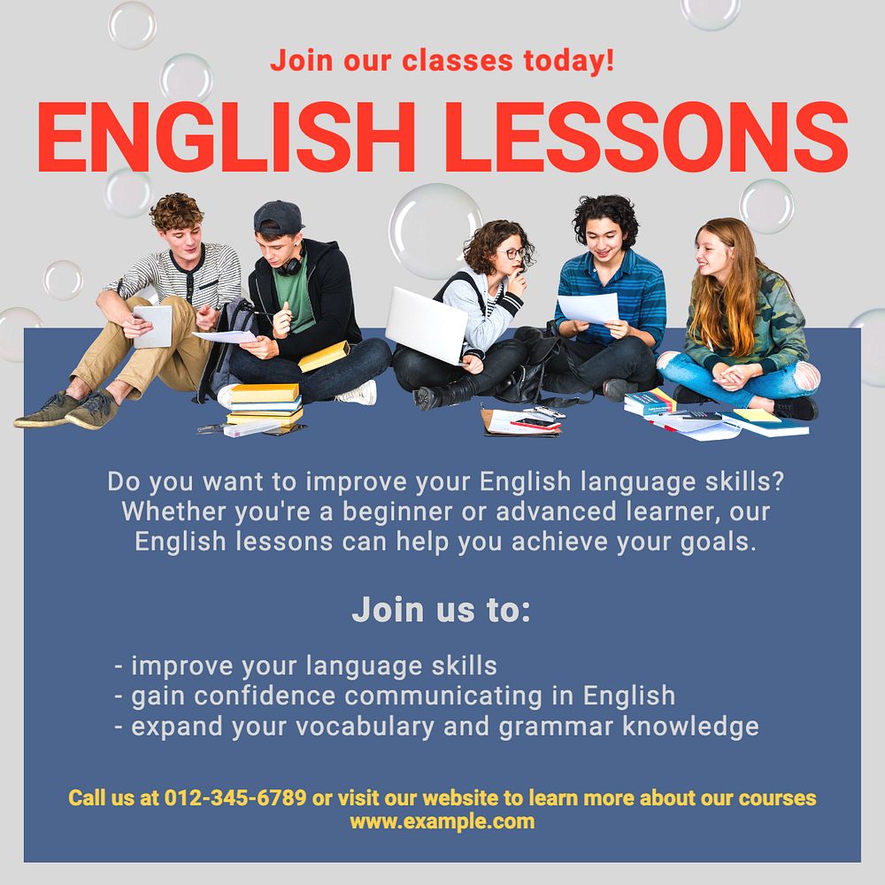 English lessons Instagram post template, editable design