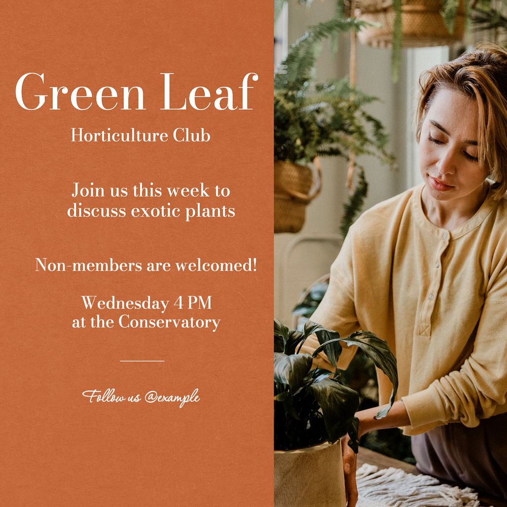 Green leaf club Instagram post template, editable text