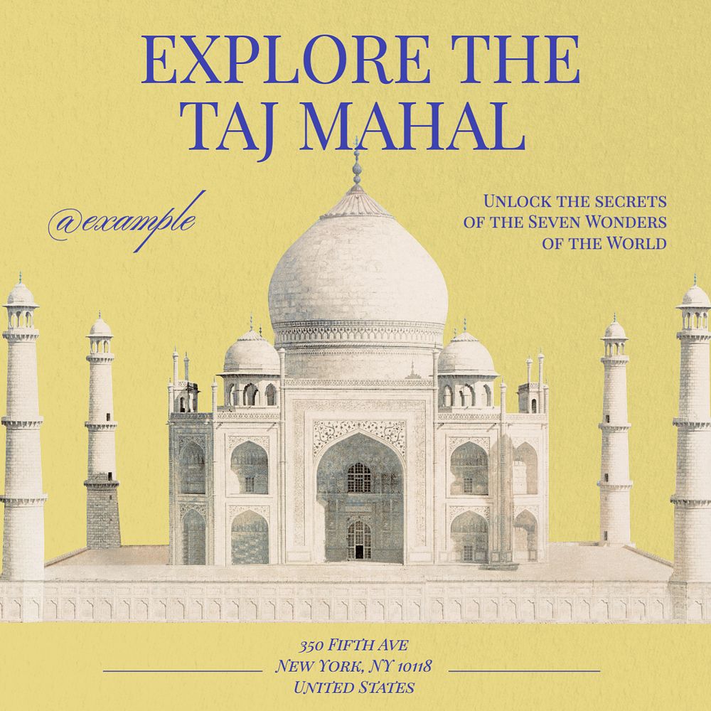 Taj Mahal, India Instagram post template, editable text