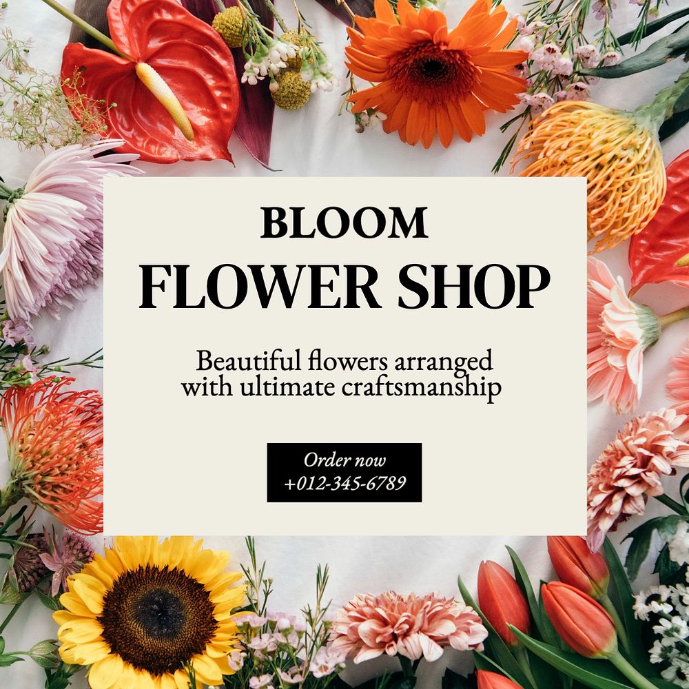 Flower shop Instagram post template, editable text