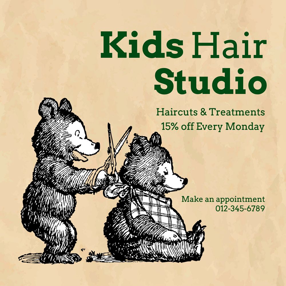 Kid's hair studio Instagram post template, editable text