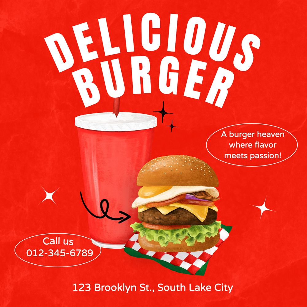 Delicious burger Instagram post template, editable text