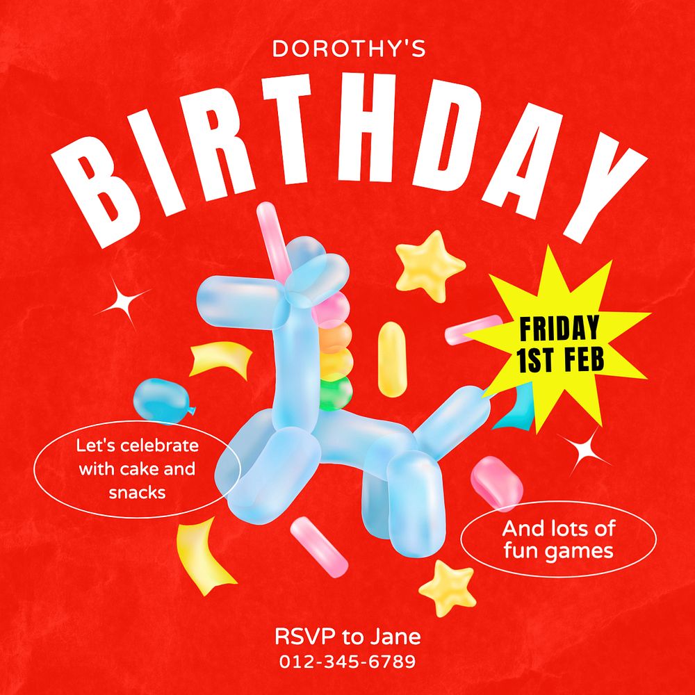 Birthday party Instagram post template, editable text