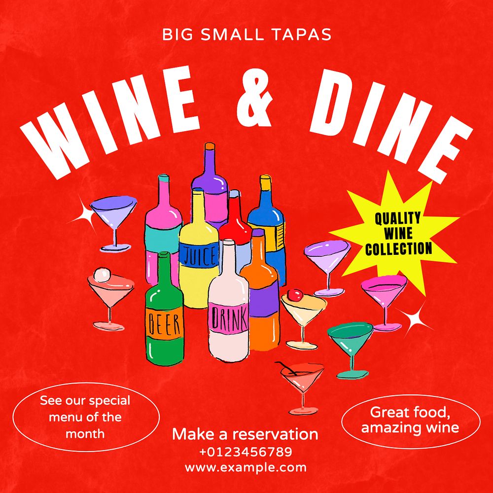 Wine & dine Instagram post template, editable text