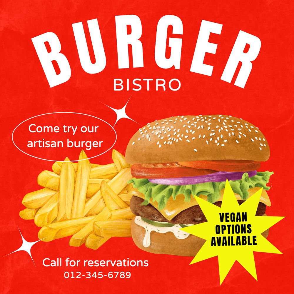 Burger bistro Instagram post template, editable text