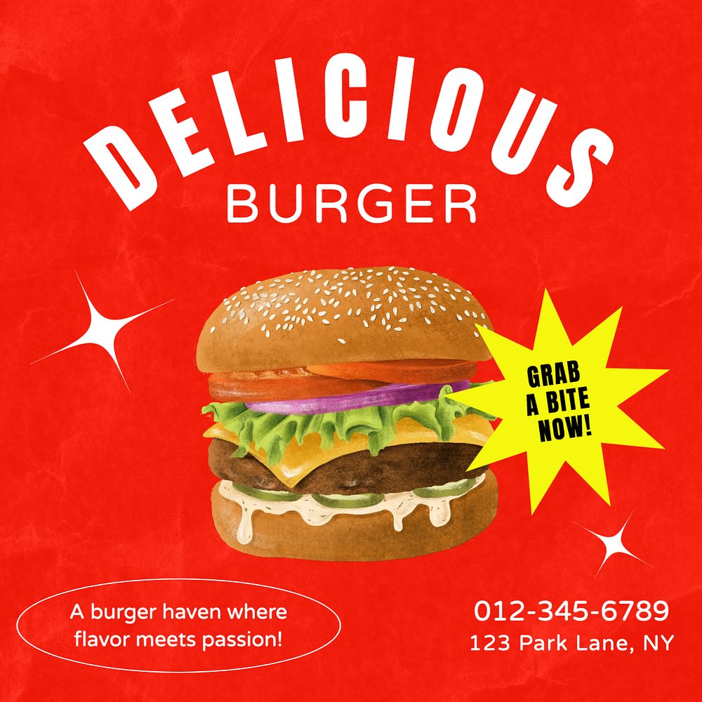 Delicious burger Instagram post template, editable text