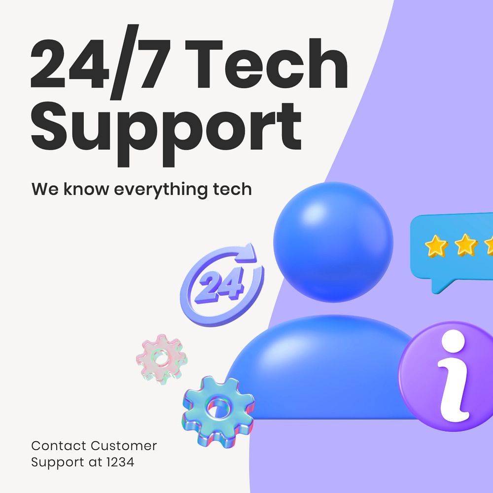 24/7 tech support Instagram post template, editable text