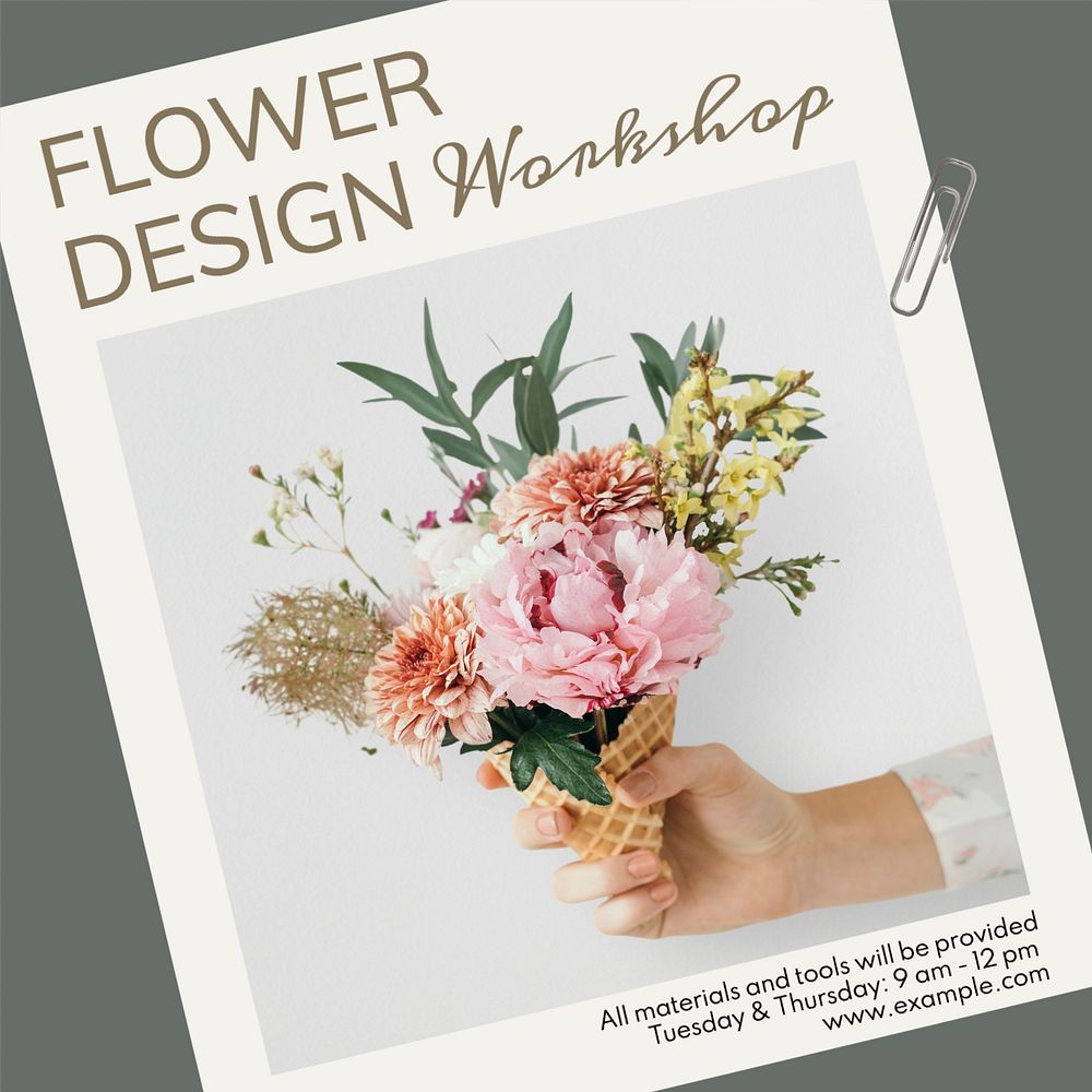 Flower design workshop Instagram post template, editable text