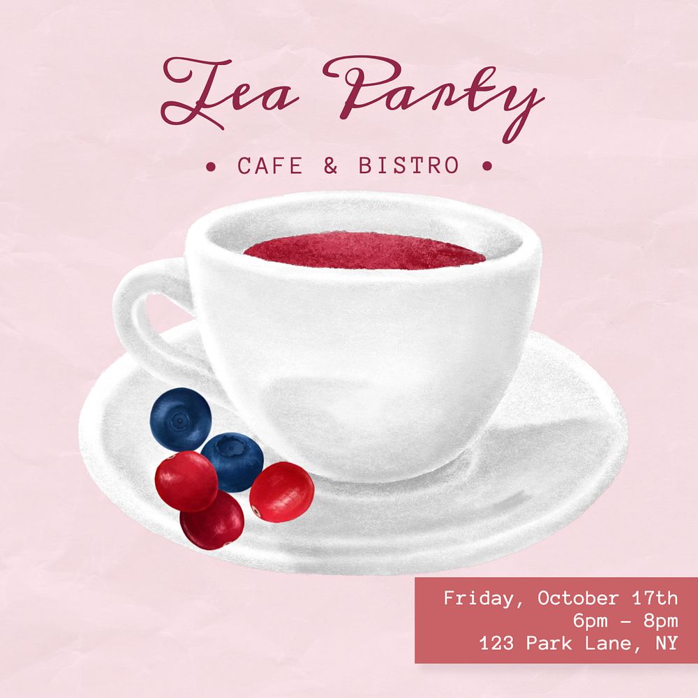 Tea party invitation Instagram post template, editable text