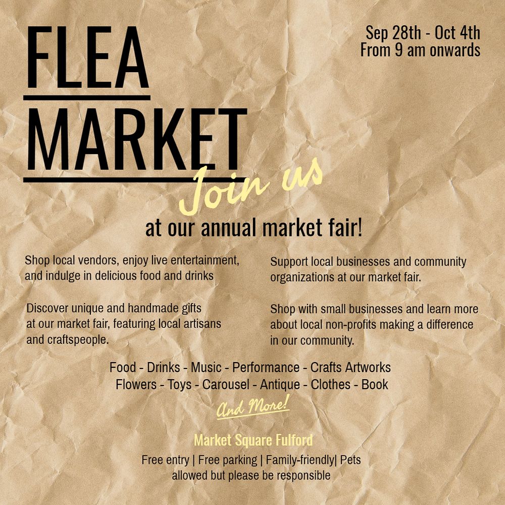 Flea market Instagram post template, editable text