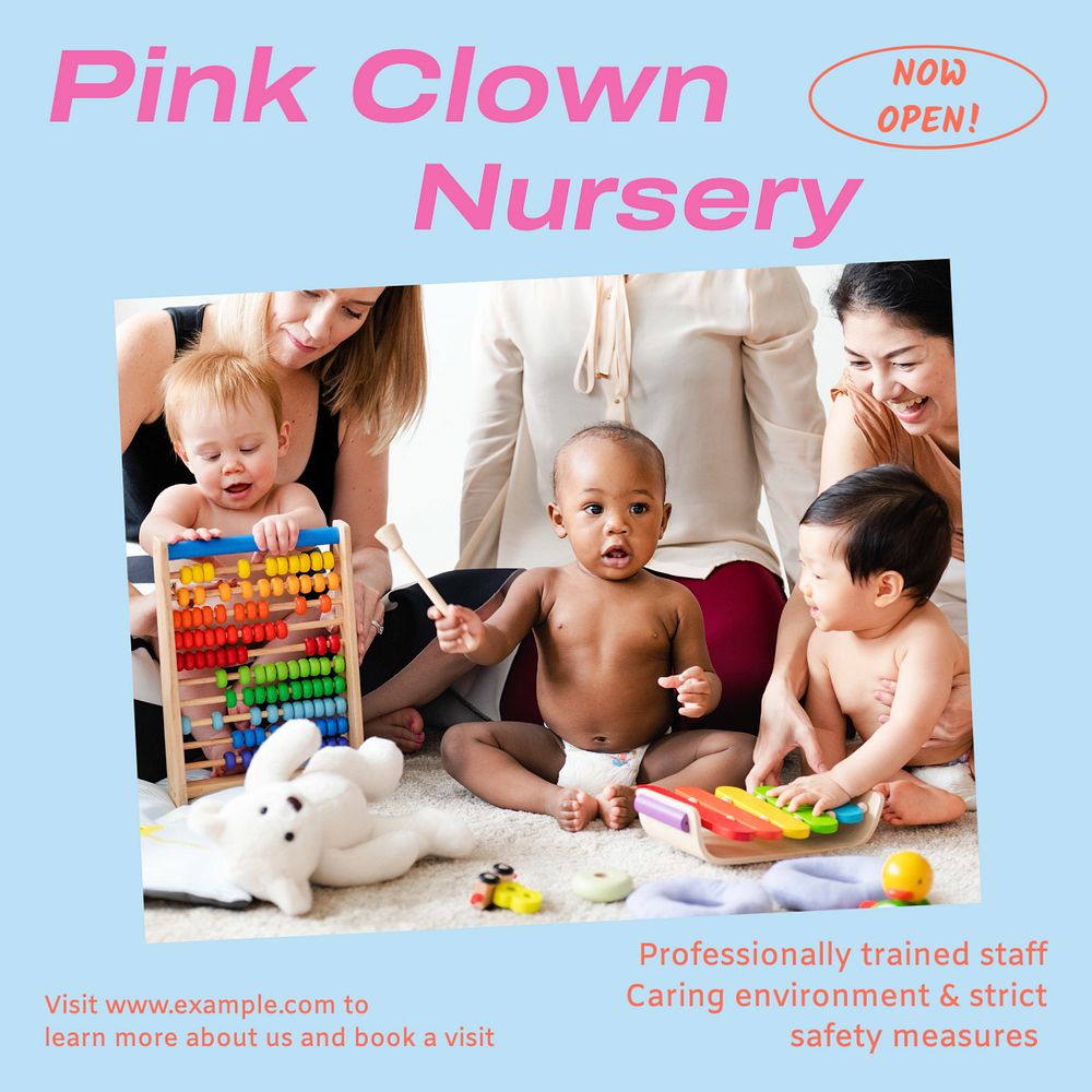 Pink Clown Nursery Instagram post template, editable text