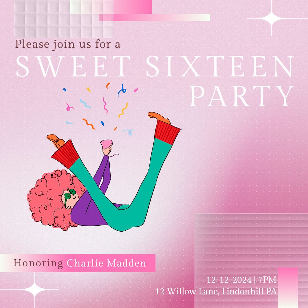 Sixteen birthday party Instagram post template, editable text