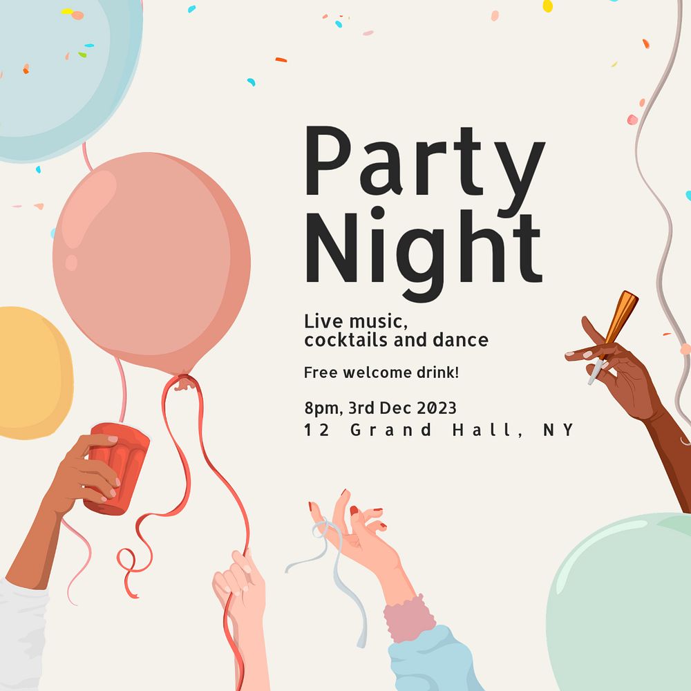 Party night Instagram post template, editable text