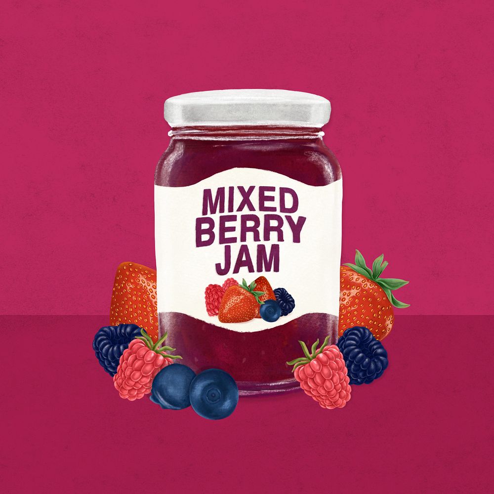 Mixed berry jam jar, bread spread illustration, editable design