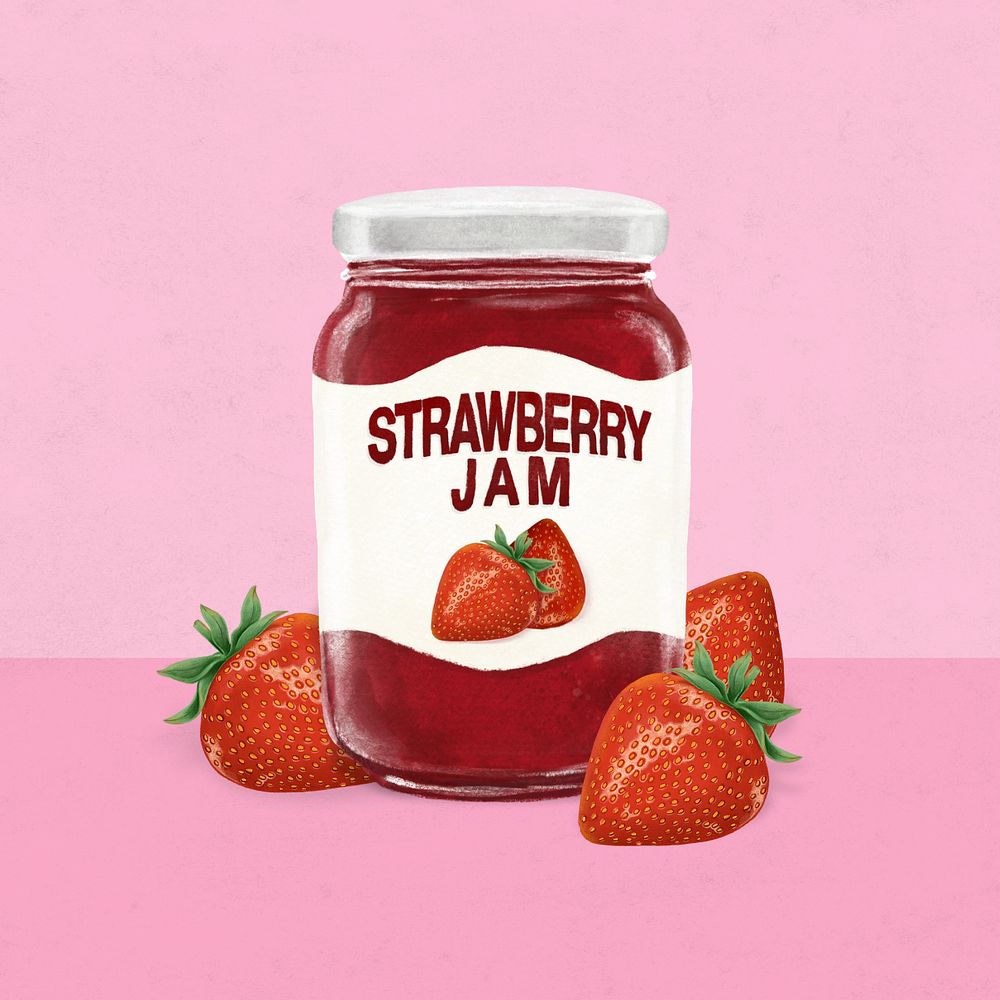 Strawberry jam jar, bread spread illustration, editable design