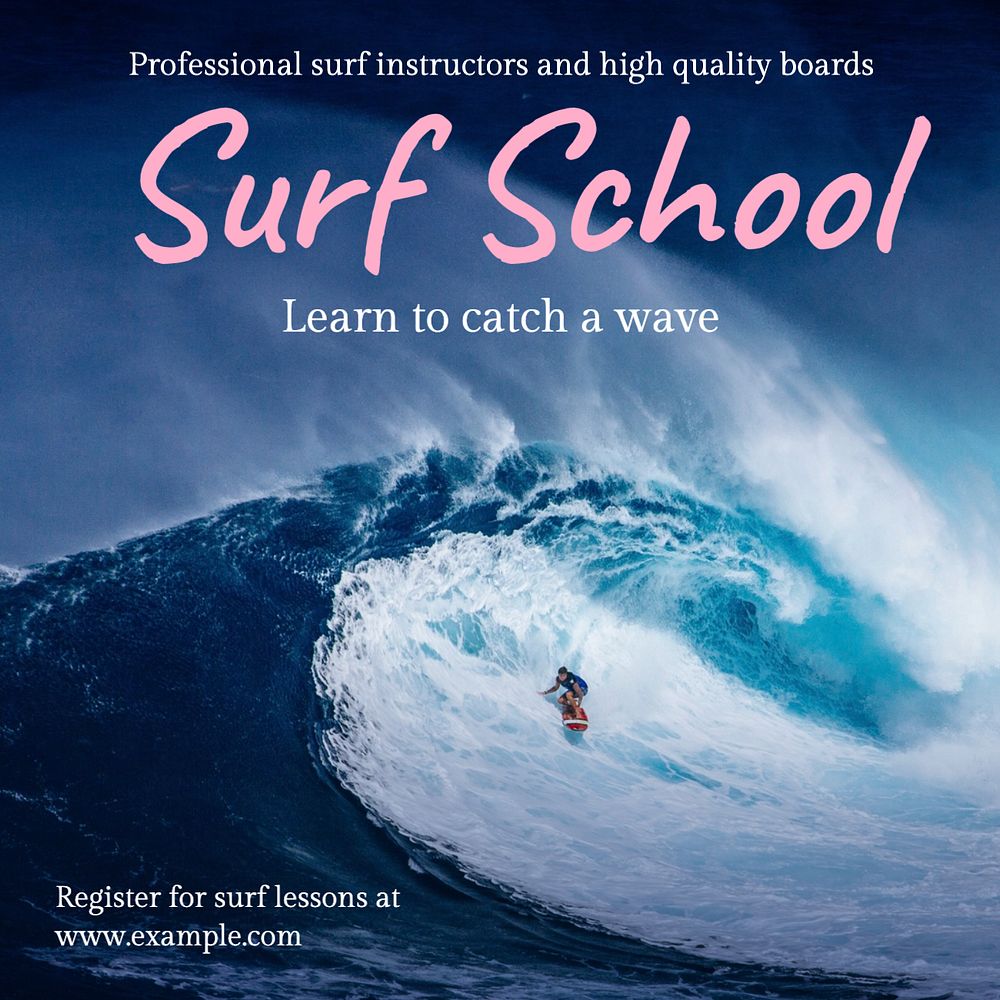 Surf school Instagram post template, editable text