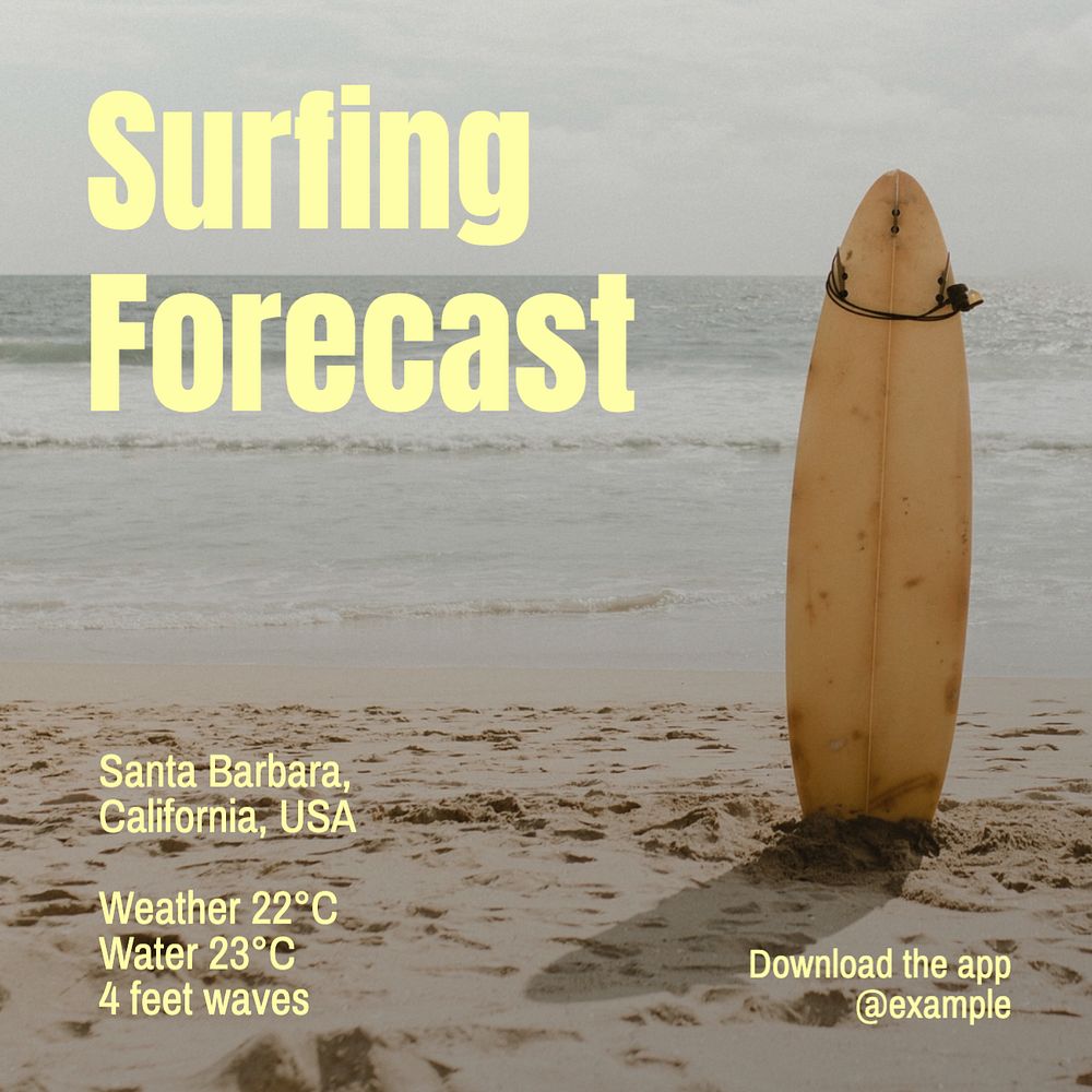 Surfing forecast Instagram post template, editable text