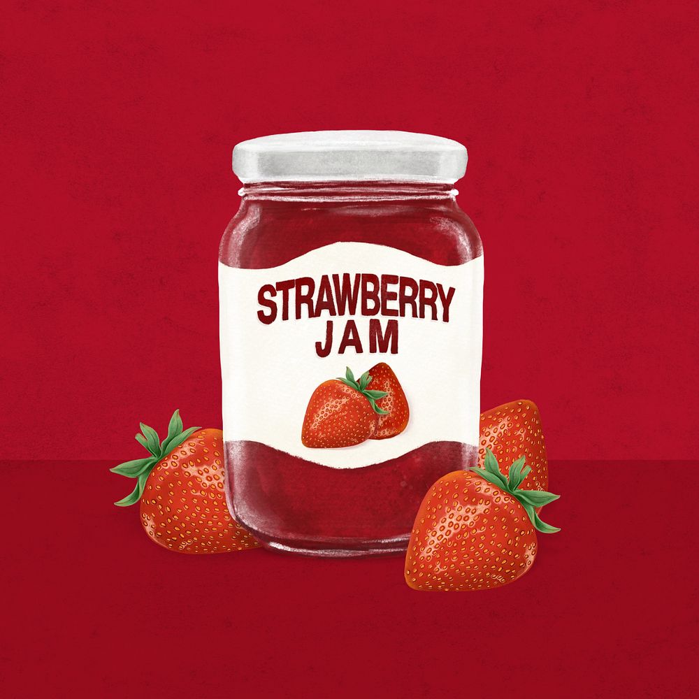 Strawberry jam jar, bread spread illustration, editable design