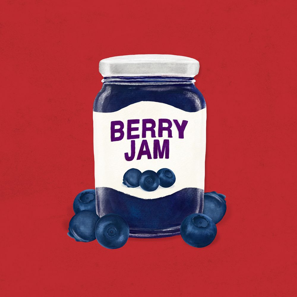 Blueberry jam jar, bread spread illustration, editable design