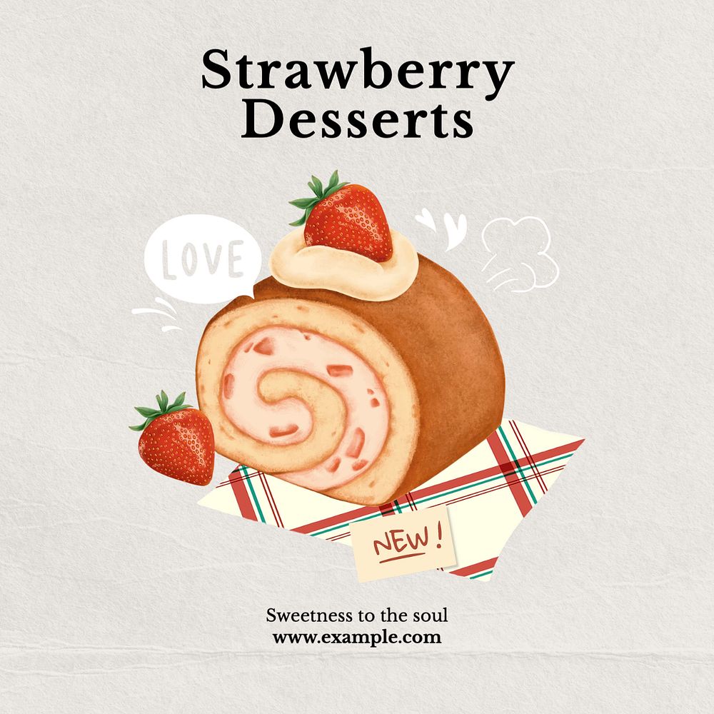 Strawberry desserts Instagram post template, editable text