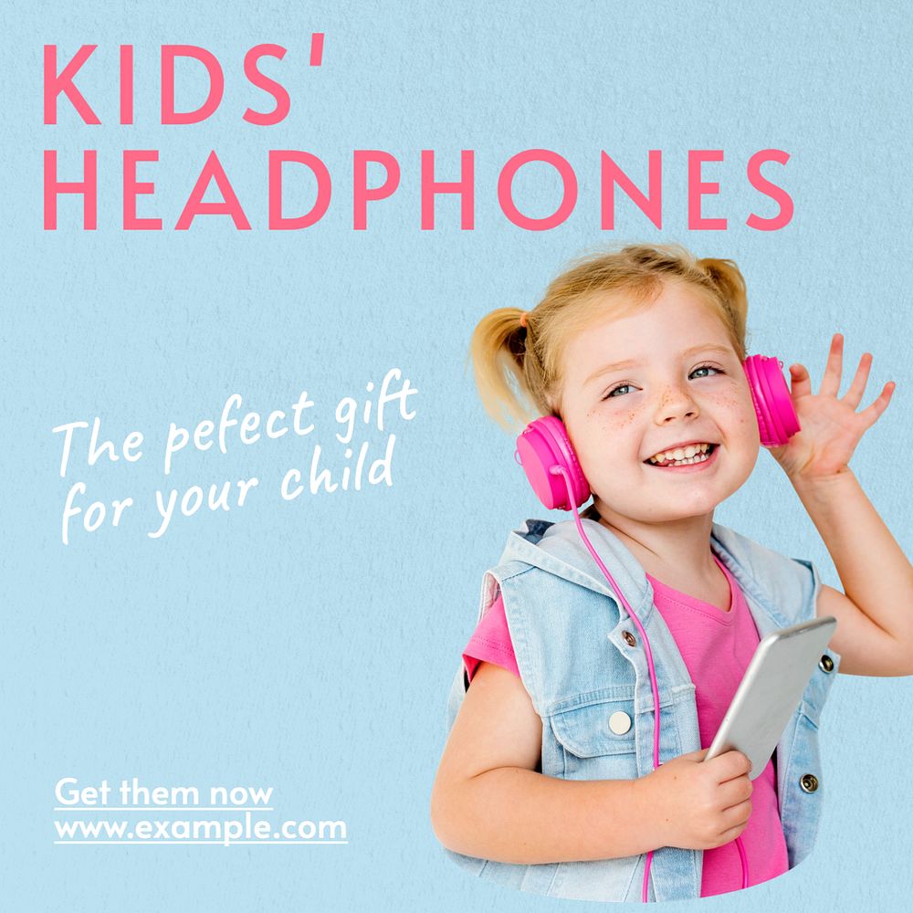 Kid's headphones Instagram post template, editable text