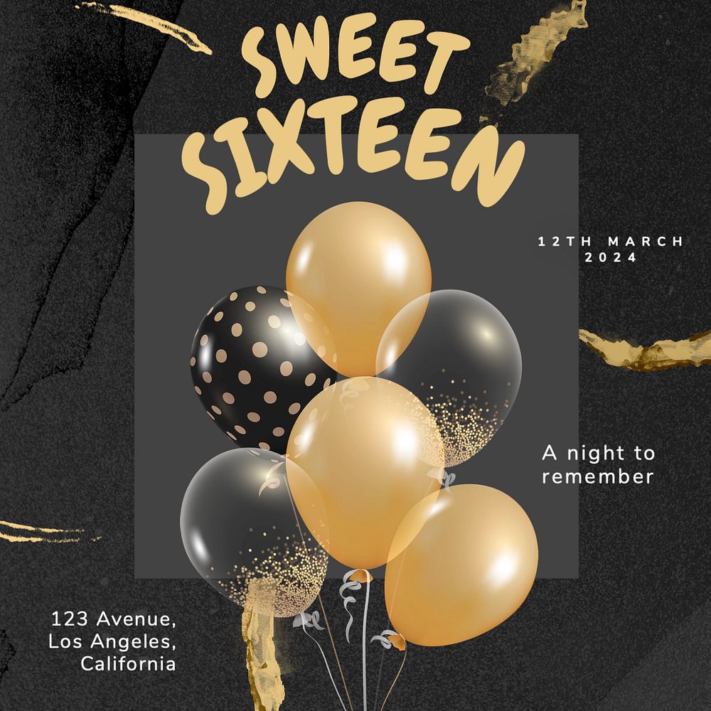 Sweet sixteen birthday Instagram post template, editable text