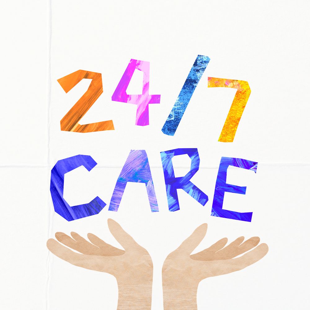 24/7 care word, paper craft collage, editable design