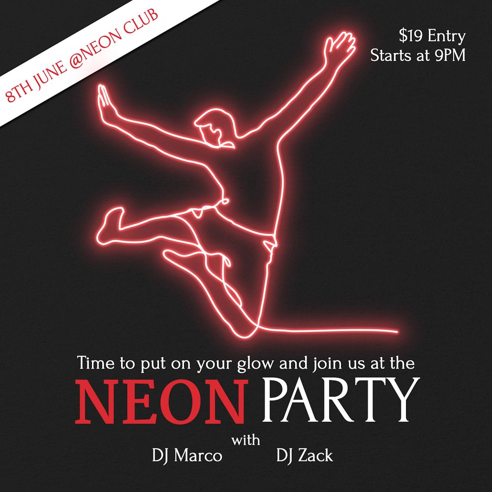 Neon party Instagram post template, editable text